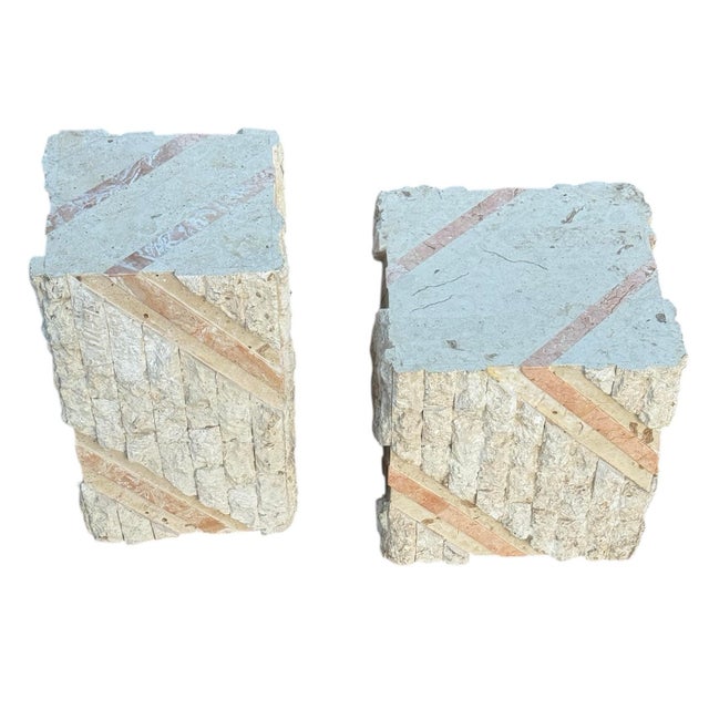 Maitland - Smith Postmodern Tessellated Pink Marble and Beige Stone Pedestal Set For Sale - Image 4 of 9