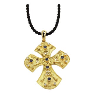 19060 - Byzantine Diamond & Sapphire 18k Gold Cross Necklace on Black Cord For Sale