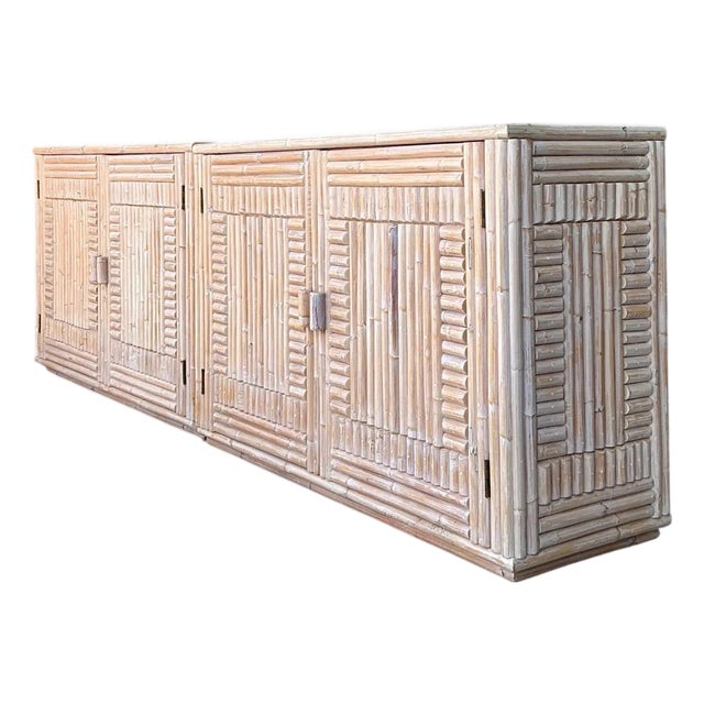 Vintage Monumental Washed Rattan Credenza For Sale