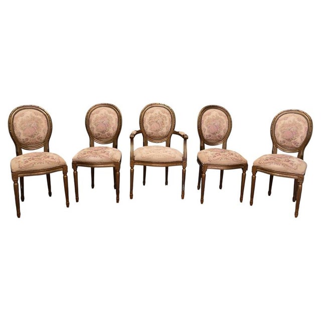 Brown French Louis XVI Style Salon Armchairs, Set of 5 For Sale - Image 8 of 8