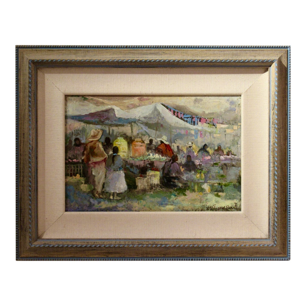 Antonio Vasquez Parra Mexican Market With Couple 1976 Painting