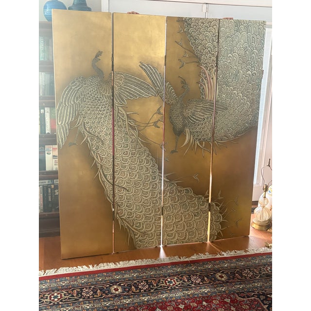 Maitland Smith Folding Screen With a Gold Leaf and Peacock Design For Sale - Image 9 of 9