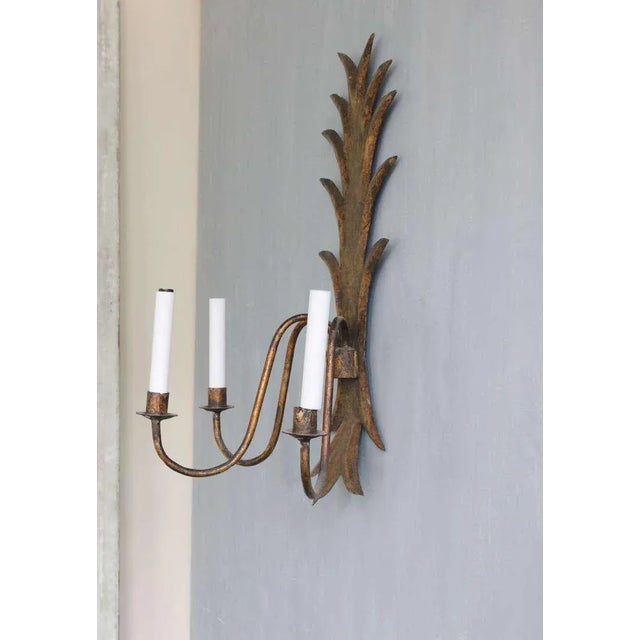 Spanish Large 1950s Spanish Gilt Metal Foliate Three-Arm Wall Sconce For Sale - Image 3 of 11
