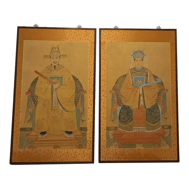 Large Pair of Chinese Ancestral Portrait Paintings 60" For Sale