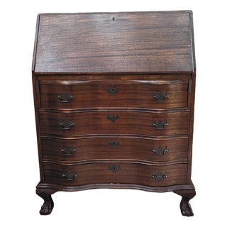 Vintage Chippendale-Style Mahogany Slant Front Secretary Desk With Claw Feet and Hidden Compartments For Sale