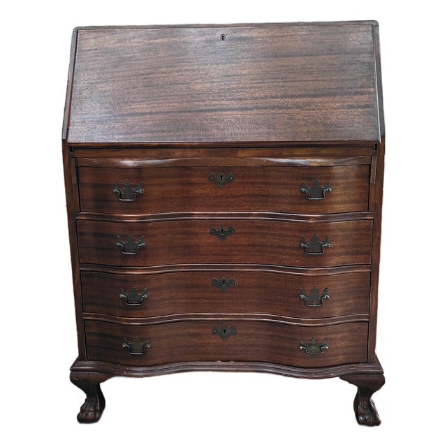 Vintage Chippendale-Style Mahogany Slant Front Secretary Desk With Claw Feet and Hidden Compartments For Sale