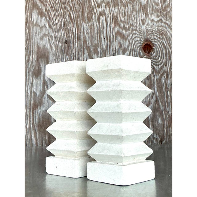 White Vintage Boho Zig Zag Candlesticks - A Pair For Sale - Image 8 of 10