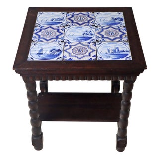 Art Deco Delft Oak Table with 18th-Century Tiles, 1930s For Sale