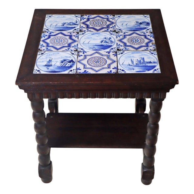 Art Deco Delft Oak Table with 18th-Century Tiles, 1930s For Sale