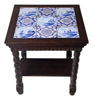 Art Deco Delft Oak Table with 18th-Century Tiles, 1930s