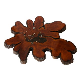 20 Th C Gorgeous Red Wood Slab Wall Clock For Sale
