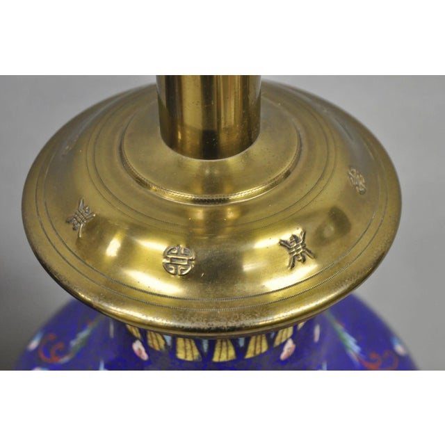 Blue Vintage Chinoiserie Blue Enamel Chinese Brass Jardinierie Table Lamps - A Pair For Sale - Image 8 of 14