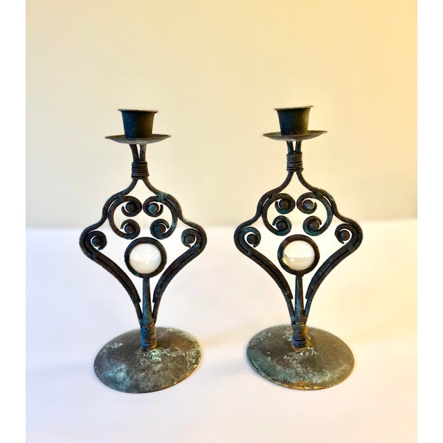 Vintage Metal & Glass Taper Candle Holders - a Pair For Sale - Image 9 of 9