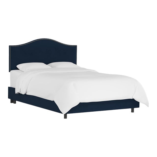 Full Camelback Bed in Velvet Ink with Pewter Nails For Sale