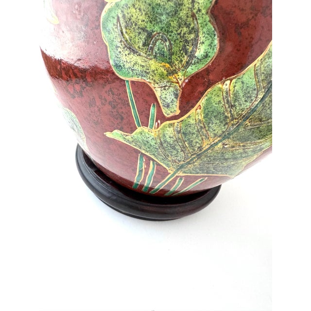 Vintage Ginger Jar Large Red Chinoiserie Lidded Jar With Leaf and Butterfly Design Made in Shanghai For Sale - Image 4 of 11