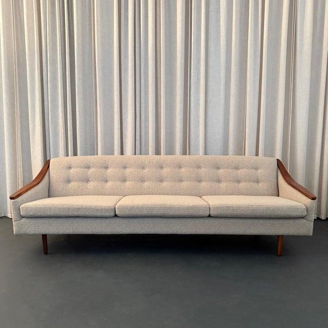 Mid-Century Modern 1960s Scandinavian Modern Cream Upholstered Sofa With Teak Accents For Sale - Image 3 of 12
