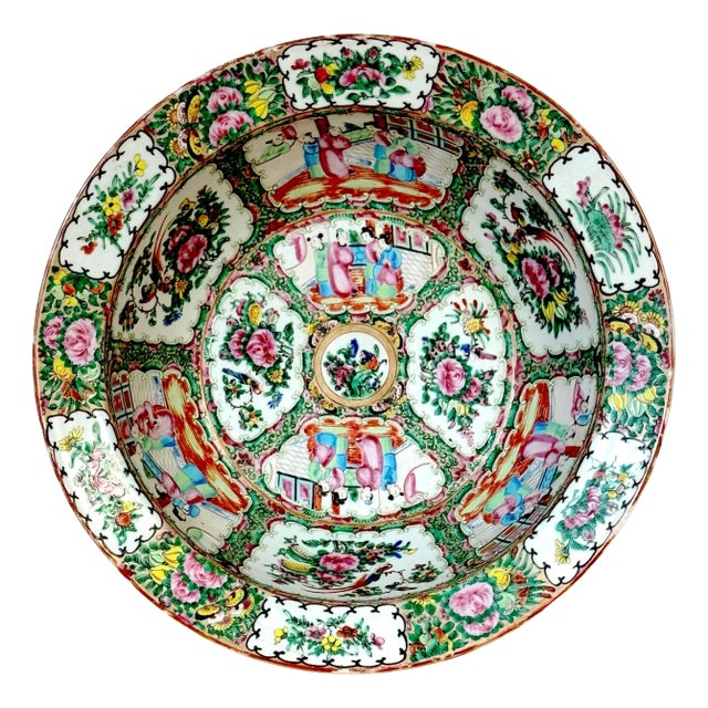 Stunning Large 19th Century Rose Medallion Rimed Bowl/Basin For Sale