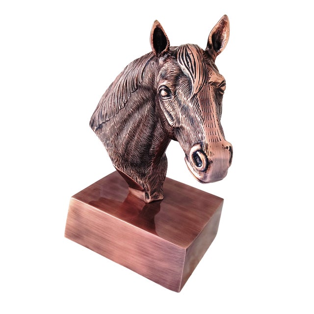 Modern Antique Copper Finish Metal Hand Carved Horse Head Bust Sculptures For Sale - Image 3 of 6