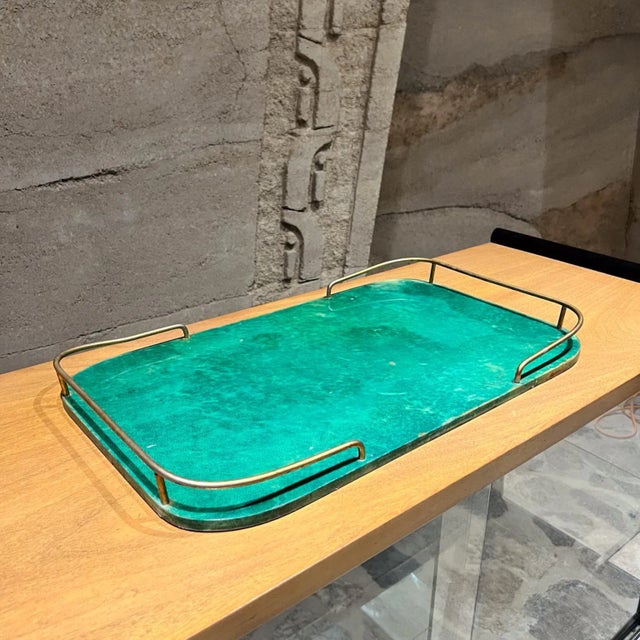 Mid-Century Modern Aldo Tura Green Serving Tray, Lacquered Goatskin, Mid-Century 1950s For Sale - Image 3 of 11