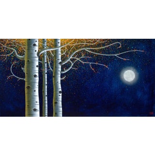 Autumn Embers by Thane Gorek | Oil on board Trees with autumn leaves and a full moon in the background For Sale