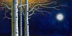 Autumn Embers by Thane Gorek | Oil on board Trees with autumn leaves and a full moon in the background