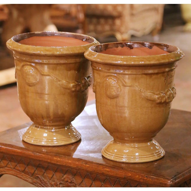 Ceramic Pair of French Anduze Terracotta Planters in Ochre Glaze Signed La Madeleine For Sale - Image 7 of 9