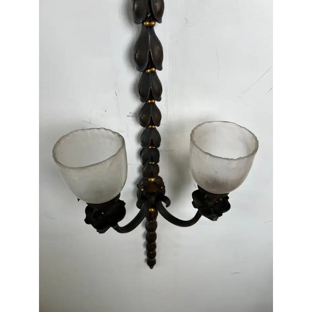 1930s Art Nouveau Two Arms Bronze W Frosted Milk Glass Shades Wall Sconce, a Set of 3 For Sale - Image 4 of 13