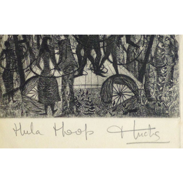 Captivating black and white etching of a crowd gathered to watch performers with hula hoops by Huchs, 1939. Titled and...