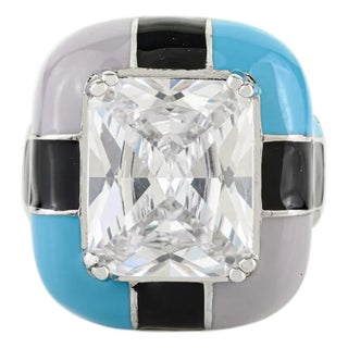 Sparkling Sterling Silver Enamel & Crystal Unisex Statement Ring by Carat&her- Size 7 For Sale