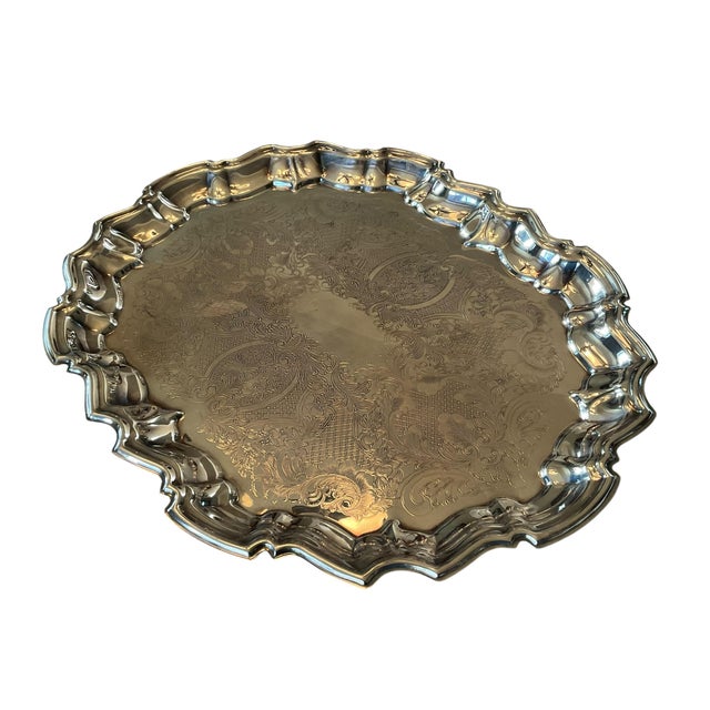 Vintage Leonard Silver Plate Footed Serving Tray With Ornate Floral Engraving For Sale - Image 6 of 12