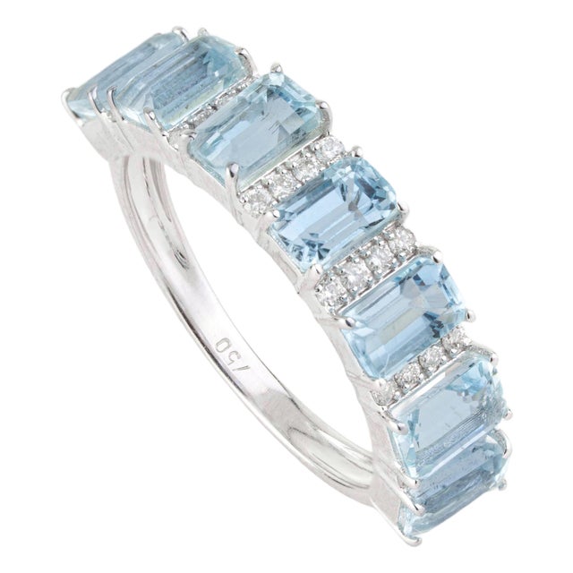 2.2ct Emerald-Cut Aquamarine & Diamond Half Eternity Band Ring Size 4 in 18k Gold For Sale