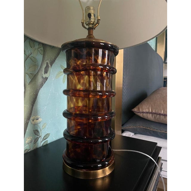 An elegant pair of vintage table lamps by Paul Hanson, circa 1960s–1970s, featuring richly marbled tortoiseshell-pattern...