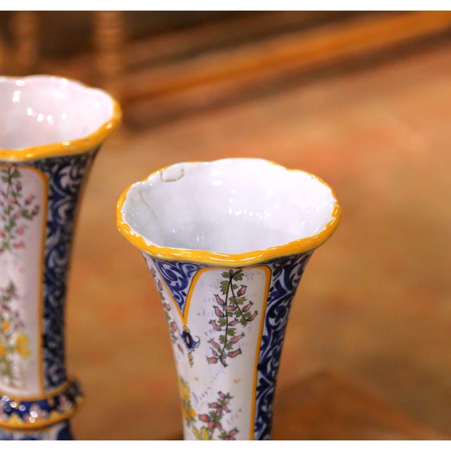 Pair of 19th Century French Hb Quimper Hand Painted Faience Tall Neck Vases For Sale - Image 4 of 16
