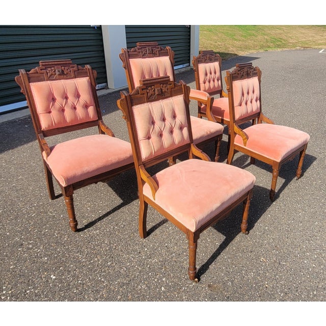 Wood Fine Set 5 Victorian Parlor Chairs in a Blush Tone Upholstery For Sale - Image 7 of 12