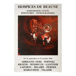 1989 French Exhibition Poster, Hospices De Beaune, Peintures - Lithographies, Arrigoni-Neri & Multiple Artists (Image of Louis Armstrong)