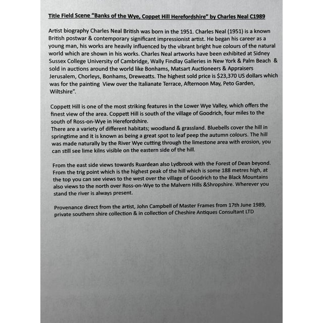 Impressionist Oil Painting Banks of the Wye Coppet Hill Herefordshire by Charles Neal C1989 For Sale - Image 12 of 12