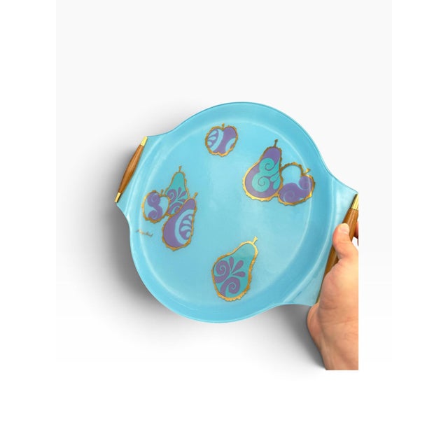 Georges Briard Vintage MCM Georges Briard Large Blue & Purple Fruit Curved Glass Tray W/ Wood Handles For Sale - Image 4 of 10