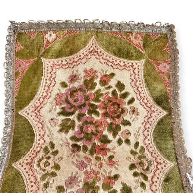 1960s Vintage Japanese Gobelin Rose Tapestry Table Runner Olive Green Pink Metallic Trim For Sale - Image 5 of 9