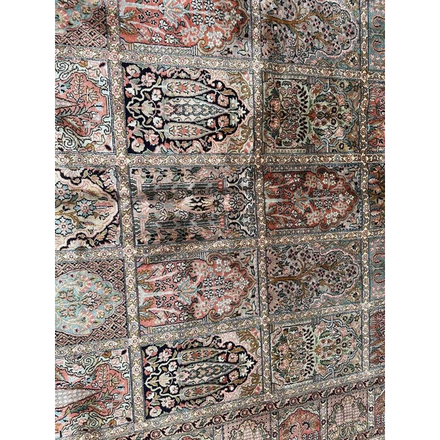 Very beautiful vintage silk Kashmir rug with nice design with grids representing different designs with mihrabs, stylized...