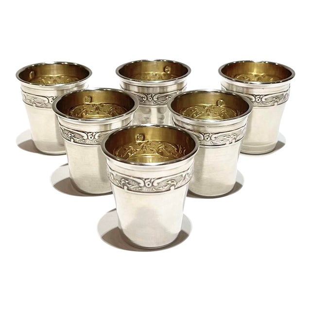 Early 20th Century French Sterling Silver and Vermeil Liqueur Cups- Set of 6 For Sale