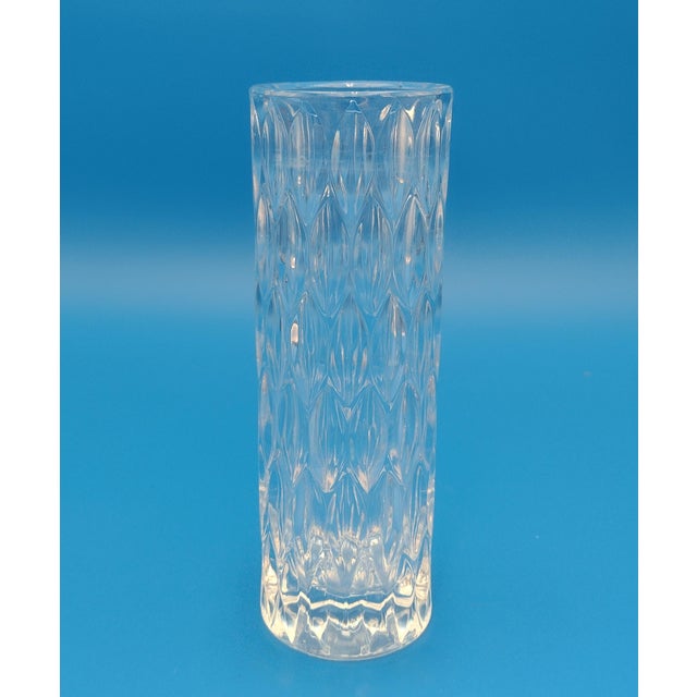 Mid-Century Modern Vintage German Crystal Cylinder Vase With Geometric Diamond Pattern For Sale - Image 3 of 7