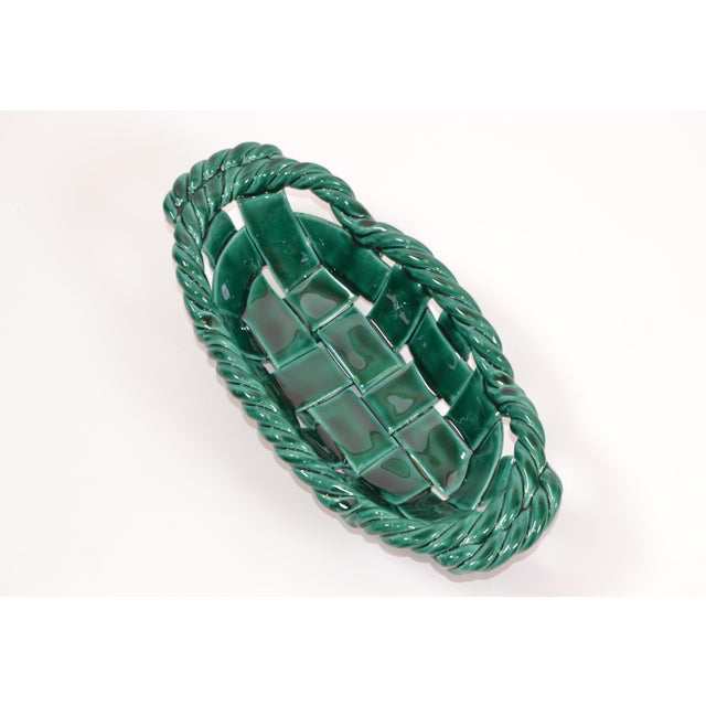 Mid-Century Modern Vallauris France Glazed Woven Ceramic Basket Emerald Green Mid-Century Modern For Sale - Image 3 of 12