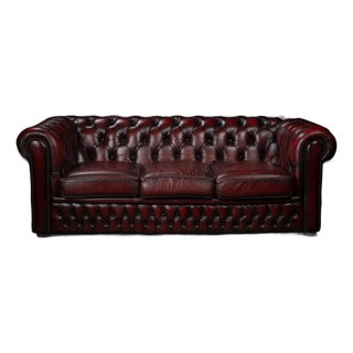 Vintage Oxblood Leather Three-Cushion Chesterfield Sofa For Sale