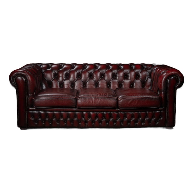 Vintage Oxblood Leather Three-Cushion Chesterfield Sofa For Sale