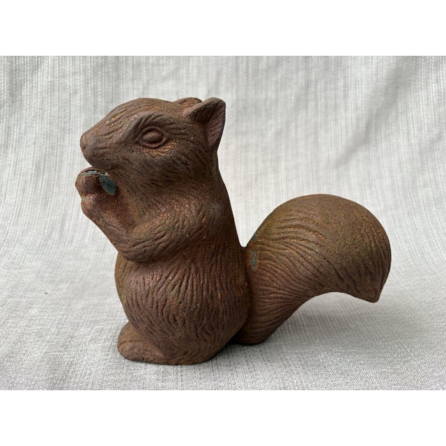 Boho Chic Vintage Rusty Cast Iron Squirrel Eating an Acorn Statue For Sale - Image 3 of 12