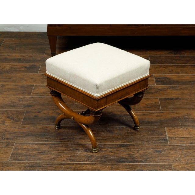 French 19th Century Walnut Curule Stool with Corinthian Capitals and Upholstery For Sale - Image 9 of 9