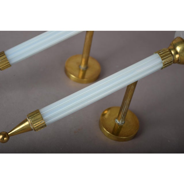 1950s French Blue Opaline Glass and Brass Torch Wall Sconces with Glass Shades, 1950s, Set of 2 For Sale - Image 5 of 15
