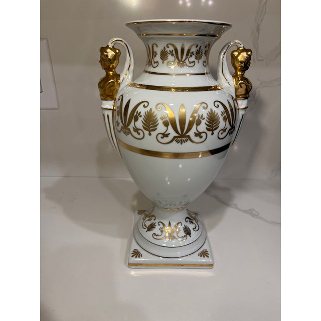 Vintage Neoclassical Campana Porcelain Gold & White Figural Urn For Sale - Image 10 of 11