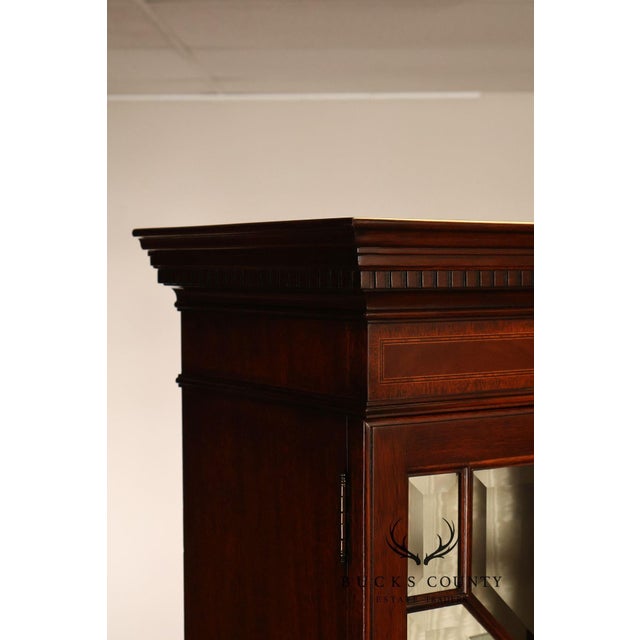 Karges Furniture Karges English Style Mahogany Breakfront China Cabinet Display Bookcase with Carved Pediment and Silk Backing For Sale - Image 4 of 18