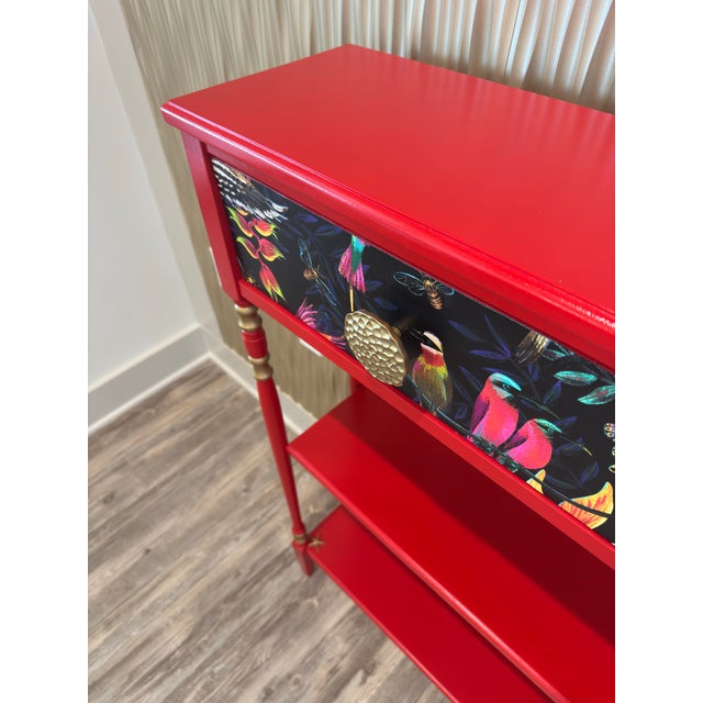 Solid Wood Console Table, Narrow Hallway Furniture, Red and Gold Palm Beach Tropical Decor For Sale In Orlando - Image 6 of 11